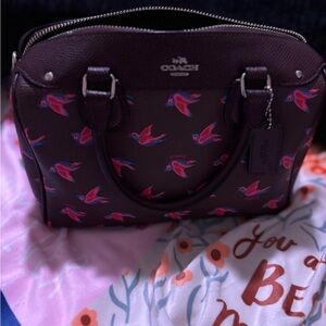 Coach Plum Satchel with Colorful Bird Pattern